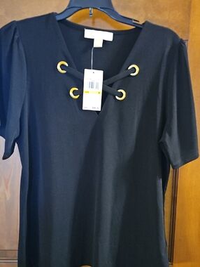 Michael Kors Black Short Sleeve Lace-Up V-Neck Top with Gold Eyelets